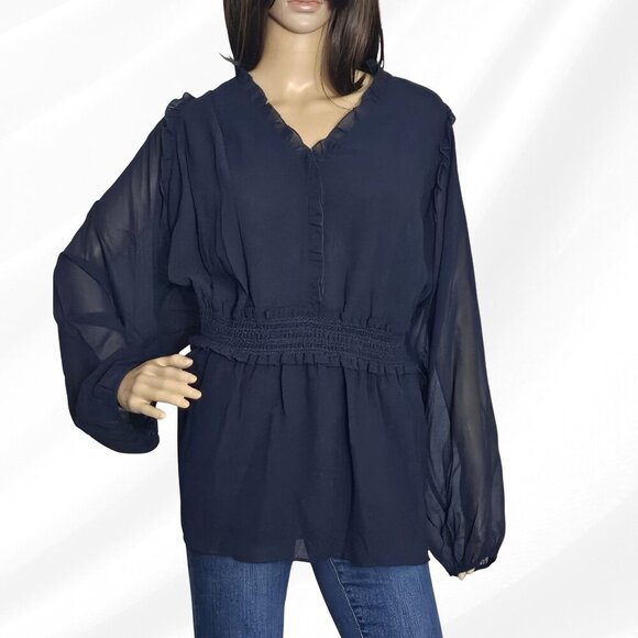 2/$50 City Chic Womens Plus Navy Ruffled Sheer Peplum Top Size XXL/24 NWT - Picture 1 of 7